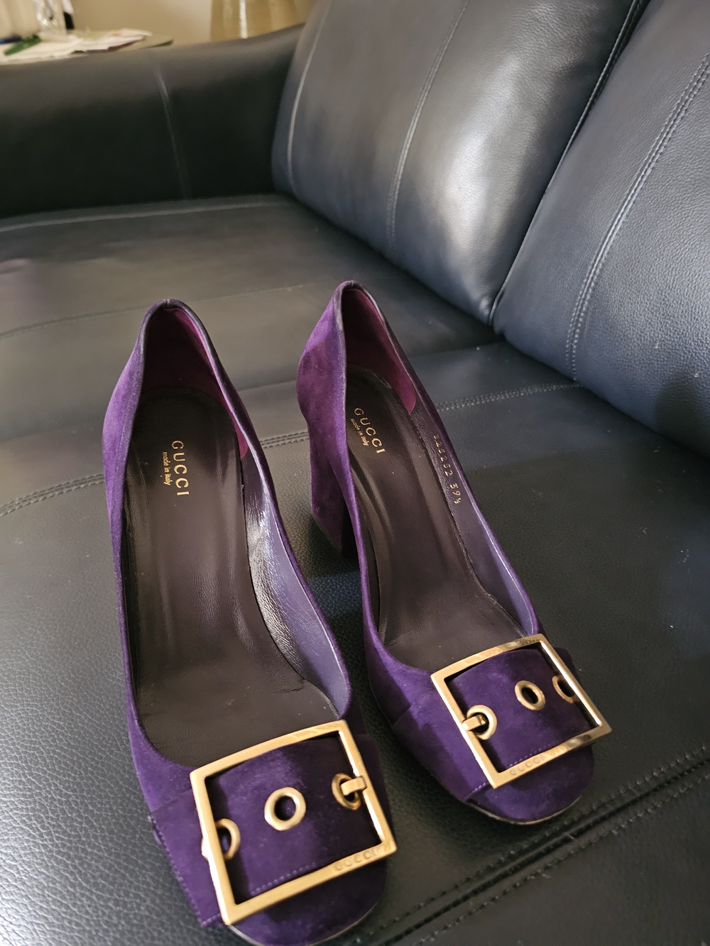 Gucci Purple Suede Block Heel Pumps with Gold Buckle